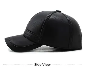 Side view of men's winter PU leather baseball cap with detailed stitching and ear protection
