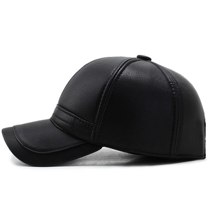 Classic black PU leather baseball hat with thermal ear flaps and textured finish