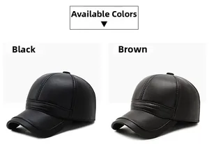 Detail view of black and brown faux leather baseball caps with premium litchi texture
