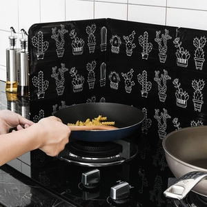 Foldable black aluminum oil splash guard for kitchen stove with cactus pattern design