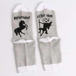 Funny cotton crew socks featuring Before Wine horse and After Wine unicorn graphics
