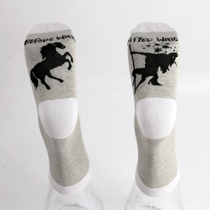Funny cotton crew socks with Before and After Wine lettering and horse graphic