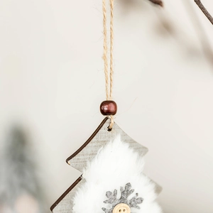 Plush wooden Christmas tree hanging ornament with snowflake and soft faux fur detail