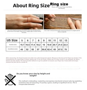 Detailed ring size chart for women showing US sizes 5 to 13 with diameter and circumference