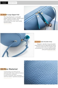 Detail showing blue litchi pattern PU leather texture and durable metal zipper slider