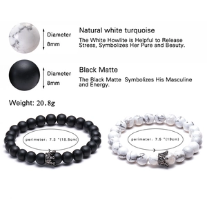 Lava stone and white turquoise crown bracelets set for couples with 8mm beads