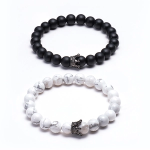 Lava stone and white turquoise couple bracelets with micro-pave zircon crowns