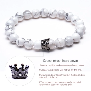 Detailed view of white turquoise beads with a micro-pave zircon crown in copper