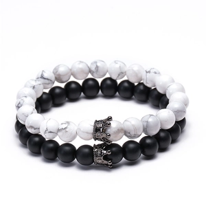 Natural Lava Stone White Howlite Beaded Bracelet With Copper Cubic Zirconia Crown Charm For Couples Fashion Jewelry
