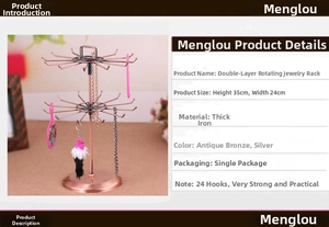Detailed specs for 24-hook rotating bronze iron jewelry display stand 35x24cm
