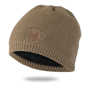 Deep khaki winter knitted beanie with thick fleece lining and maple leaf embroidery