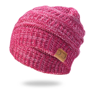 Knit Beanie Hat Acrylic Warm Winter Chunky Cable Melange Pullover Cuffed Faux Leather Patch Outdoor Casual