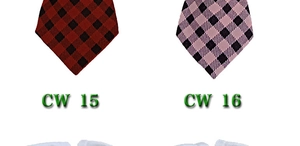 Detail view of red and pink checkered triangle pet bandanas with CW15 and CW16 markers