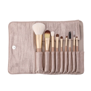 9-piece makeup brush set with animal hair eye brushes and champagne gold storage bag