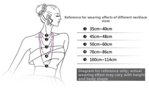 Size chart showing necklace lengths from 35cm to 114cm with wearing effect illustration