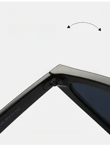 Close-up of durable metal reinforced hinge and model specs on black triangle sunglasses
