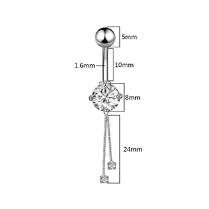 Detailed size specifications for a silver belly ring with zircon stones and tassel chains