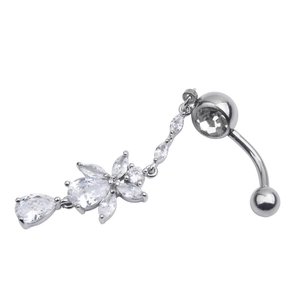 Detailed close-up of a silver navel ring with zircon flower pendant and water drop gem