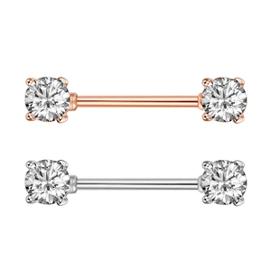 Rose gold and silver stainless steel nipple rings set with 4-prong round zircon