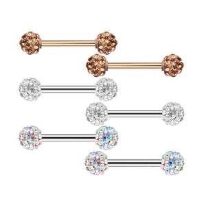 Close-up of zircon-studded stainless steel nipple rings in rose gold, silver and rainbow