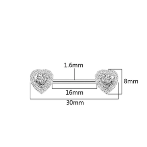 Macro view of heart-shaped nipple ring with clear zircon inlay and size dimensions