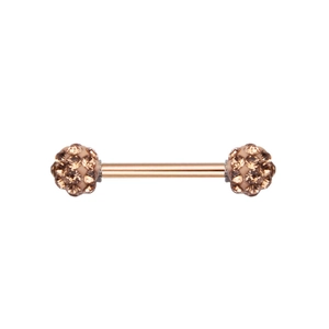 Detailed macro view of rose gold barbell nipple ring with sparkling champagne crystals
