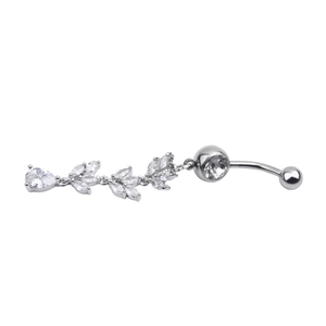 Detailed view of silver belly ring with marquise cubic zirconia leaf pendant