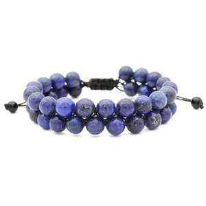 Detail of double-layer Lapis Lazuli beaded bracelet with adjustable black braided cord