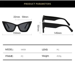 Detailed size chart for M459 cat eye sunglasses showing PC frame and lens dimensions