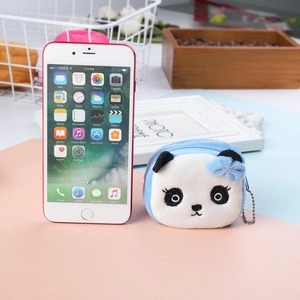 Cute blue panda plush coin purse with metal bead chain shown next to a smartphone
