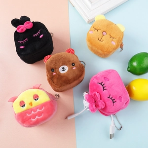 Cute cartoon plush coin purse featuring animal designs with zipper and keychain chain