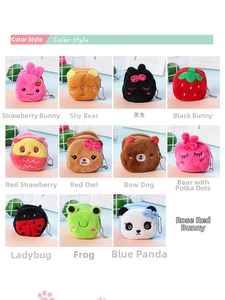 Detailed grid showing diverse plush cartoon animal and fruit coin purses with metal hooks