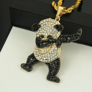Hip hop style gold panda pendant with clear and black rhinestones on a twist chain