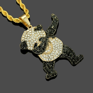 Hip hop panda pendant necklace with sparkling rhinestones and golden twist chain