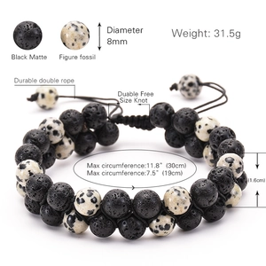 Double row black lava and jasper stone beaded bracelet with adjustable cord for men