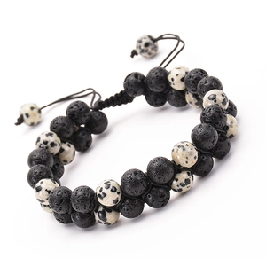Double Layer Beaded Bracelet Lava Stone Dalmatian Jasper Natural Stone Adjustable Hand Woven Wrap Jewelry For Men Women