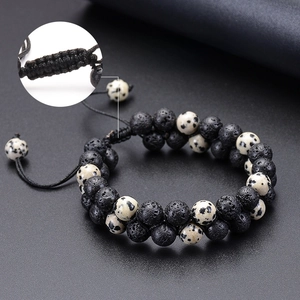 Lava stone and Dalmatian jasper double-layer braided bracelet with adjustable lock