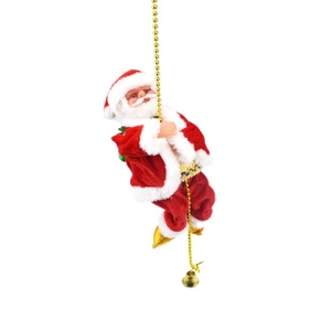 Detail of hanging Santa Claus figurine with red velvet suit, gold beads, and gift bag