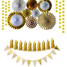Golden and silver paper fan set with tassel garlands for birthday cake decoration