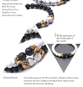 Detailed macro of 8mm lava stone and white howlite bracelets with micro-pave crown charms