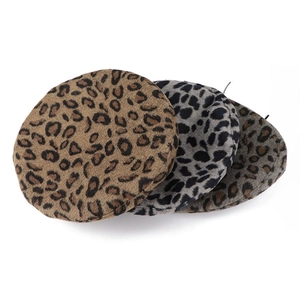 Leopard Print Beret Vintage Woolen Painter Hat With Faux Leather Trim Adjustable Artist Cap For Women Winter Autumn