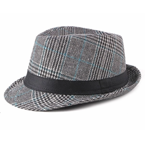 British style wool fedora hat with classic grey plaid pattern and black ribbon band