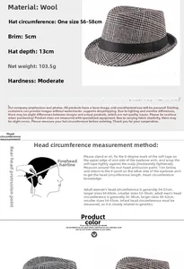 Detail view of plaid wool fedora hat showing 5cm brim and 13cm depth dimensions