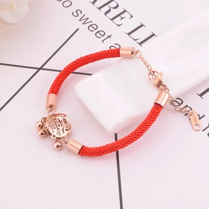 Rose gold stainless steel red rope bracelet with luck pendant and small bells