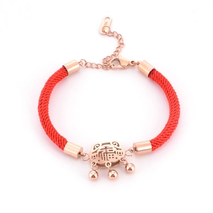 Rose gold plated stainless steel red rope bracelet with longevity lock and fortune charm
