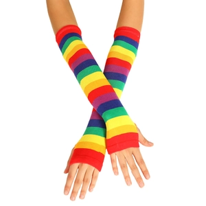 Detailed knit texture of 35cm rainbow striped fingerless gloves for cosplay