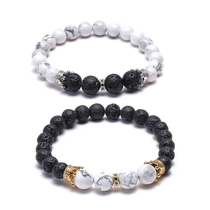 Natural Lava Stone And White Turquoise Beaded Bracelet With Copper Crown Zircon Accent For Couples Handmade Elastic