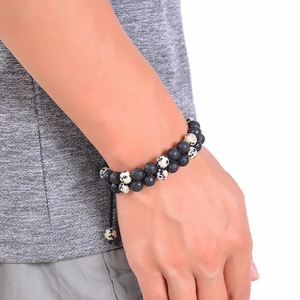 Double-layer natural lava stone beaded bracelet for men and women with adjustable cord