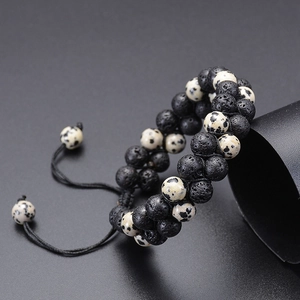 Adjustable double-row natural lava stone and dalmatian jasper beaded wrap bracelet