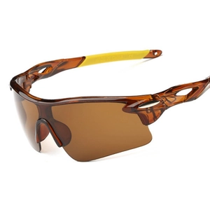 Polarized sports sunglasses with brown frame and yellow anti-slip ear pads for cycling